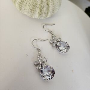 Elegant White Gold Flower Gem Drop Earrings
